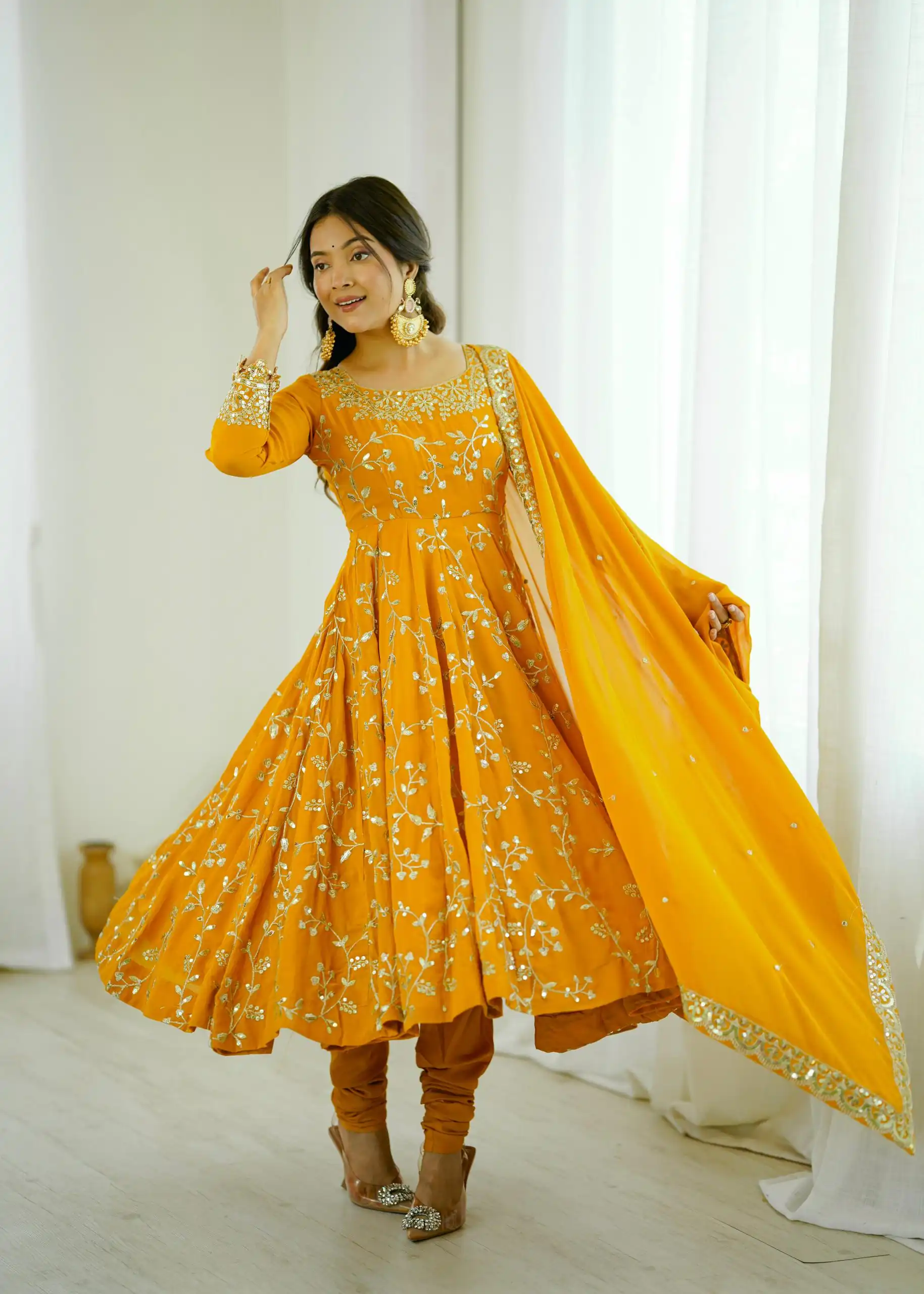 SRK 5299 Yellow Faux Georgette With Sequence Work Perfect for Wedding, Party, Temple Visit, Ganesh Chaturthi Festive, Events, 4-6 Working Days At 2149 | Bollywood Gowns, Creative Gowns, Designer Gowns, Embroidered Gowns, Gowns, Party Wear Gowns