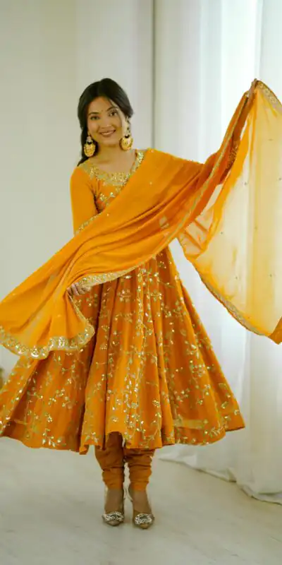 SRK 5299 Yellow Faux Georgette With Sequence Work Perfect for Wedding, Party, Temple Visit, Ganesh Chaturthi Festive, Events, 4-6 Working Days At 2149 | Bollywood Gowns, Creative Gowns, Designer Gowns, Embroidered Gowns, Gowns, Party Wear Gowns