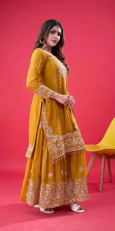SR 1688 Yellow Faux Georgette with Lace Work & Embroidery Work. Salwar Suit Introductory Price ₹1949. Delivery 4-6 Working Days. Shop now. | Designer Suits, Jump Suits, Casual Suits, Creative suits, Palazzo Suits, Party Wear Suits, Patiala Suits, Salwar suit, Straight Suits