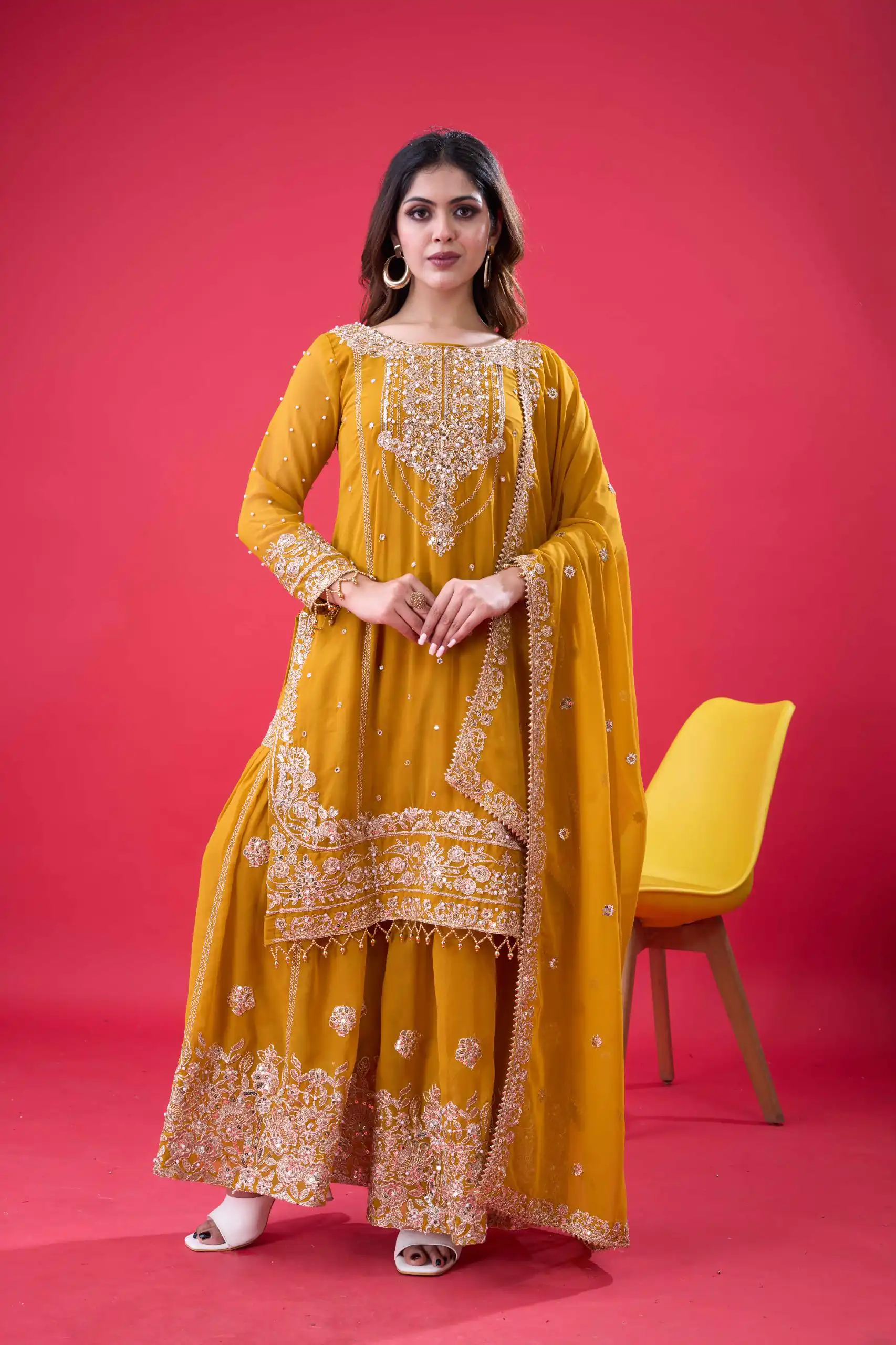 SR 1688 Yellow Faux Georgette with Lace Work & Embroidery Work. Salwar Suit Introductory Price ₹1949. Delivery 4-6 Working Days. Shop now. | Designer Suits, Jump Suits, Casual Suits, Creative suits, Palazzo Suits, Party Wear Suits, Patiala Suits, Salwar suit, Straight Suits