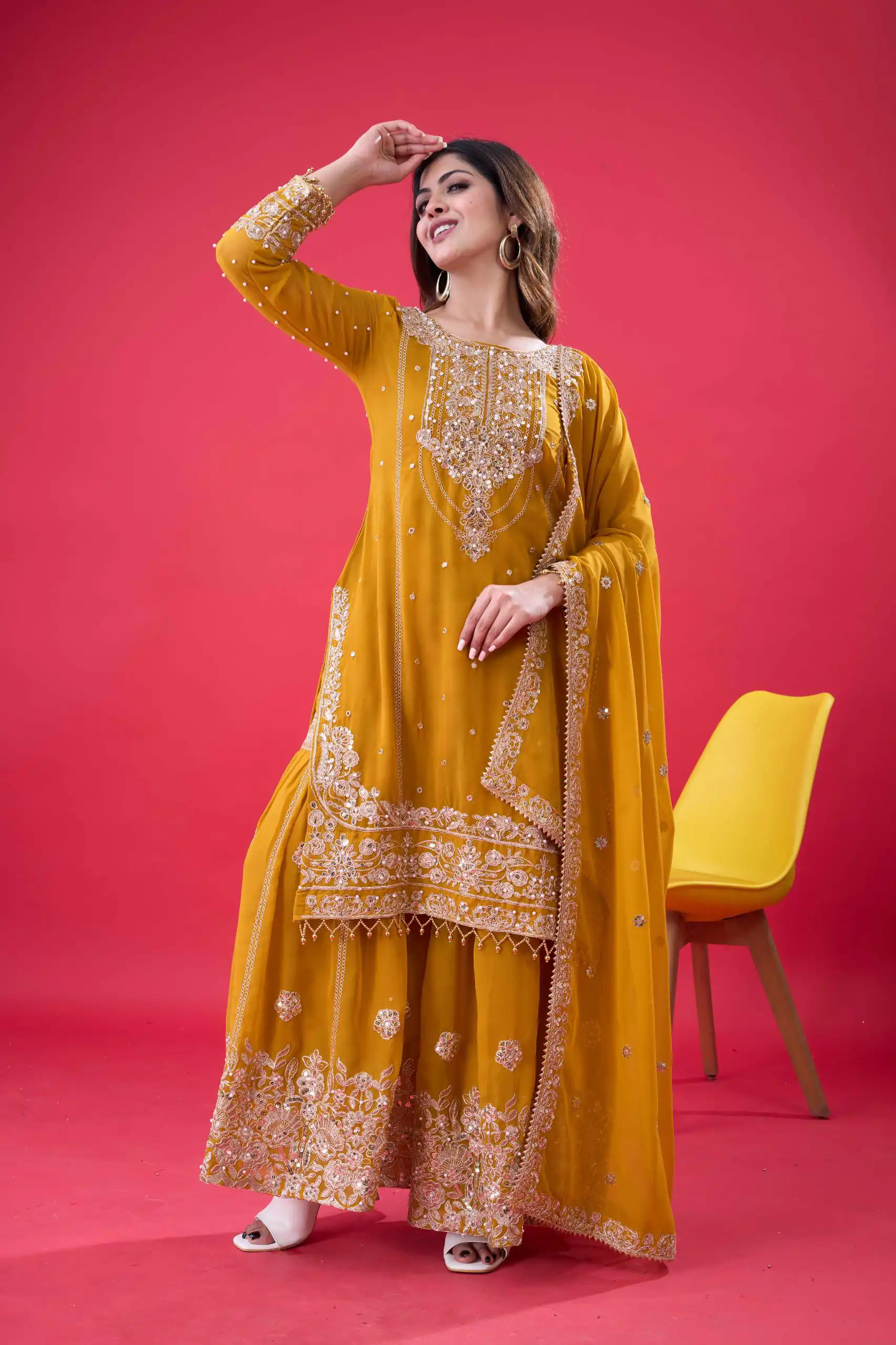 SR 1688 Yellow Faux Georgette with Lace Work & Embroidery Work. Salwar Suit Introductory Price ₹1949. Delivery 4-6 Working Days. Shop now. | Designer Suits, Jump Suits, Casual Suits, Creative suits, Palazzo Suits, Party Wear Suits, Patiala Suits, Salwar suit, Straight Suits