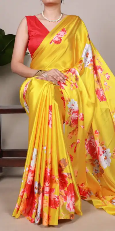 YNF 7004 Yellow Color Satin Silk Floral Printed Designer Work Saree . Grab it for ₹1549. Delivery 4-6 Working Days. Shop now. | Bollywood Sarees, Creative Sarees, Designer Sarees, Embroidered Sarees, Ethnic Saree, Modern Digital sarees, Party Wear Sarees, Sarees