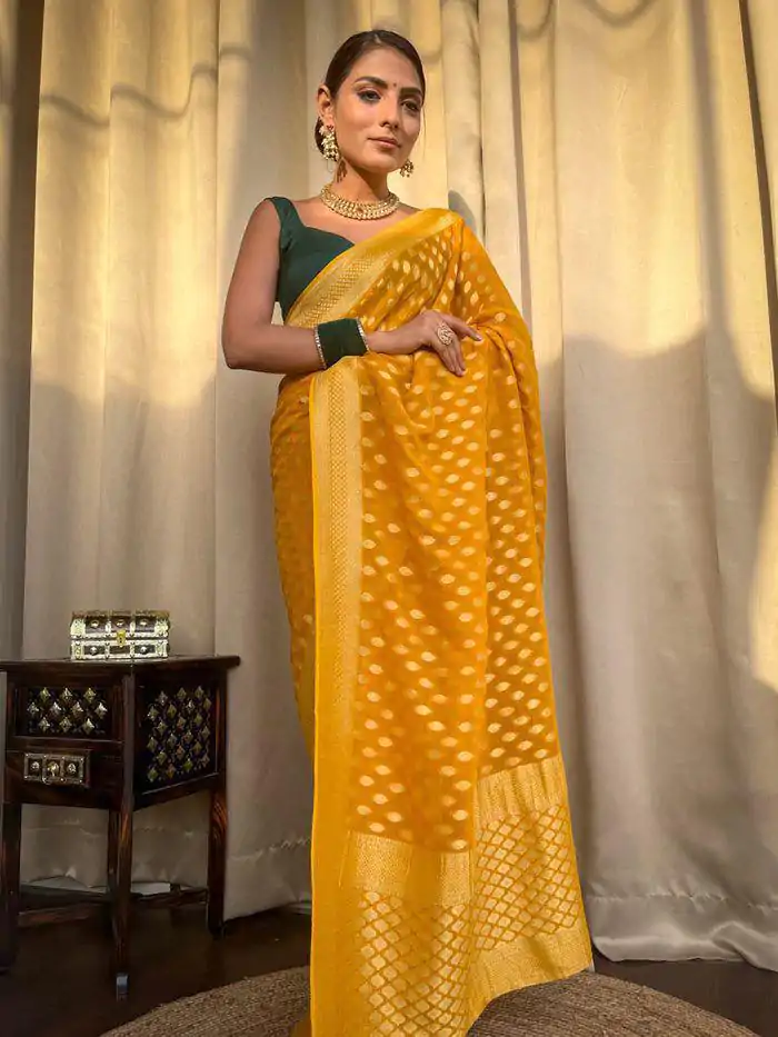 KP 5083 Yellow Soft Lichi Silk Perfect for Wedding, Party, Family Gatherings, Sangeet, Diwali Cloth. Saree. Get it for ₹1399. Delivery 4-6 Working Days. | Bollywood Sarees, Creative Sarees, Designer Sarees, Embroidered Sarees, Ethnic Saree, Modern Digital sarees, Party Wear Sarees, Sarees