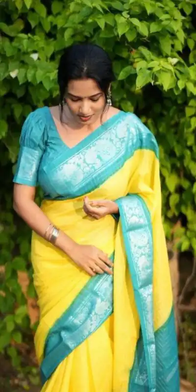 KP 3025 Yellow Soft Lichi Silk Saree Perfect for Wedding, Party, Baby Shower, Onam, Durga Puja . Available at ₹1449 only. Delivery 4-6 Working Days. | Bollywood Sarees, Creative Sarees, Designer Sarees, Embroidered Sarees, Ethnic Saree, Modern Digital sarees, Party Wear Sarees, Sarees