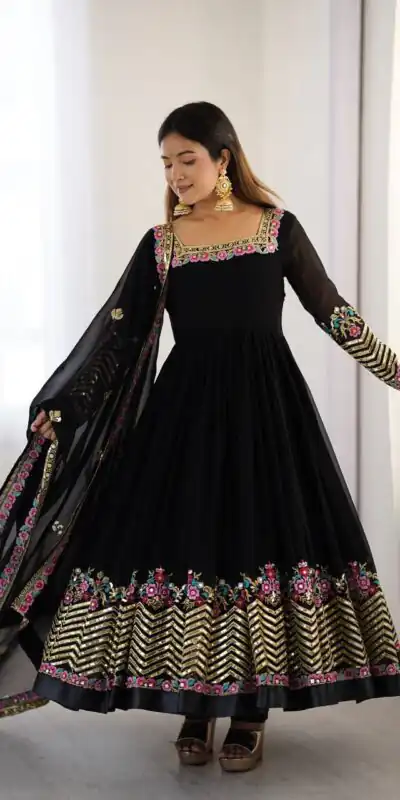 ZF 5010 Black Georgette Gown Perfect for Wedding, Party, Pooja, Ethnic Day, Karwa Chauth – . Best Price ₹2049. Delivery 4-6 Working Days. Shop now. | Designer Suits, Jump Suits, Casual Suits, Creative suits, Palazzo Suits, Party Wear Suits, Patiala Suits, Salwar suit, Straight Suits