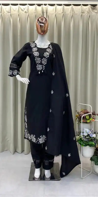 BE 385 Black Color Rayon Slub Cotton Embroidery Work Salwar Suit Casual, Wedding, Festive, Events . Expected Delivery  4-6 Working Days @1899/- only      | Designer Suits, Jump Suits, Casual Suits, Creative suits, Palazzo Suits, Party Wear Suits, Patiala Suits, Salwar suit, Straight Suits