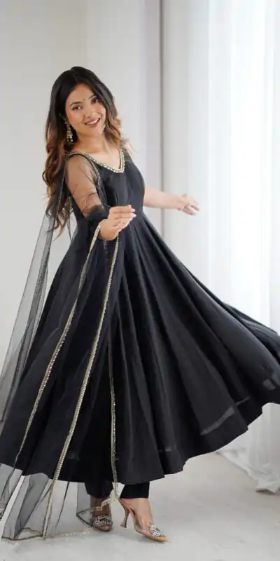 KB 285 Black in Roman Silk Chanderi Mirror Work & Lace Work Gown . Best Price ₹1929. Delivery 4-6 Working Days. Shop now. | Designer Suits, Jump Suits, Casual Suits, Creative suits, Palazzo Suits, Party Wear Suits, Patiala Suits, Salwar suit, Straight Suits