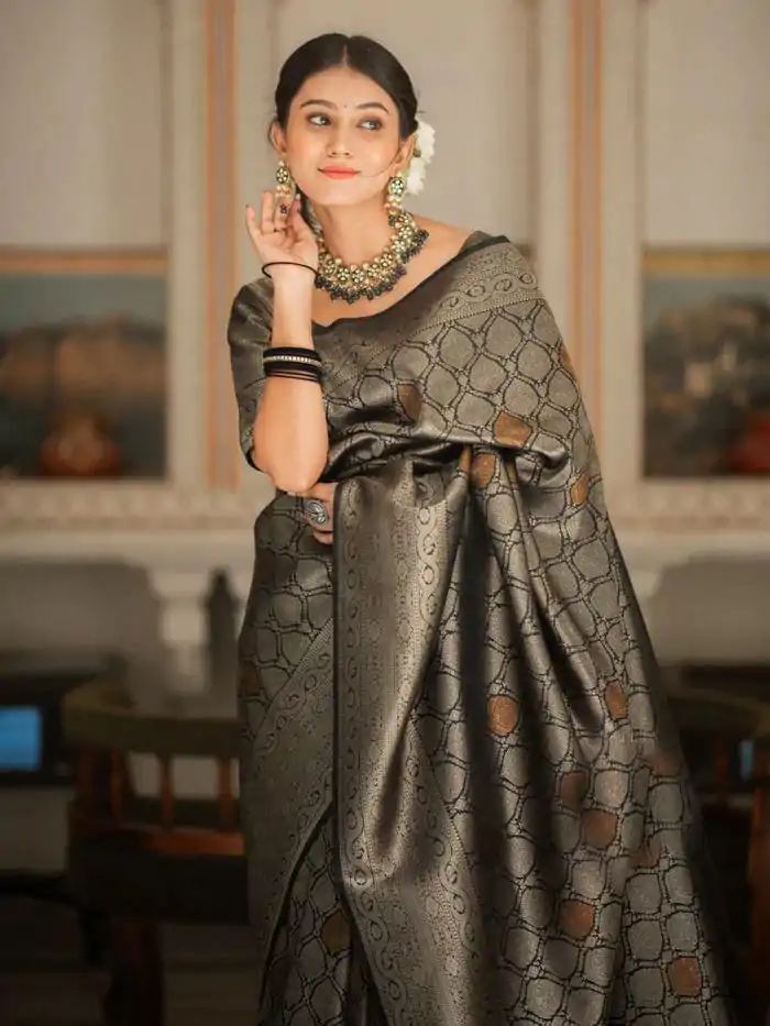 KPR 231 Black Soft Lichi Silk Saree with Designer Work. Wedding, Party, Festive, Events, Festive Deal ₹1449. Delivery 4-6 Working Days. Shop now. | Bollywood Sarees, Creative Sarees, Designer Sarees, Embroidered Sarees, Ethnic Saree, Modern Digital sarees, Party Wear Sarees, Sarees