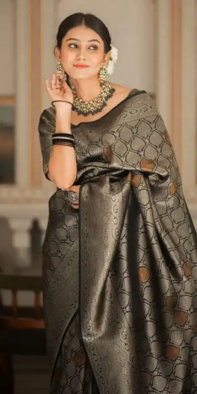 KPR 231 Black Soft Lichi Silk Saree with Designer Work. Wedding, Party, Festive, Events, Festive Deal ₹1449. Delivery 4-6 Working Days. Shop now. | Bollywood Sarees, Creative Sarees, Designer Sarees, Embroidered Sarees, Ethnic Saree, Modern Digital sarees, Party Wear Sarees, Sarees