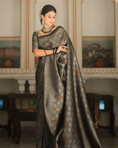 KPR 231 Black Soft Lichi Silk Saree with Designer Work. Wedding, Party, Festive, Events, Festive Deal ₹1449. Delivery 4-6 Working Days. Shop now. | Bollywood Sarees, Creative Sarees, Designer Sarees, Embroidered Sarees, Ethnic Saree, Modern Digital sarees, Party Wear Sarees, Sarees