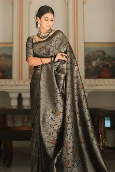 KPR 231 Black Soft Lichi Silk Saree with Designer Work. Wedding, Party, Festive, Events, Festive Deal ₹1449. Delivery 4-6 Working Days. Shop now. | Bollywood Sarees, Creative Sarees, Designer Sarees, Embroidered Sarees, Ethnic Saree, Modern Digital sarees, Party Wear Sarees, Sarees