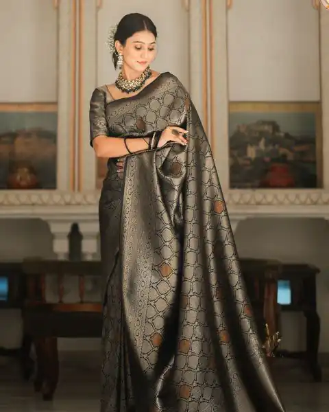 KPR 231 Black Soft Lichi Silk Saree with Designer Work. Wedding, Party, Festive, Events, Festive Deal ₹1449. Delivery 4-6 Working Days. Shop now. | Bollywood Sarees, Creative Sarees, Designer Sarees, Embroidered Sarees, Ethnic Saree, Modern Digital sarees, Party Wear Sarees, Sarees