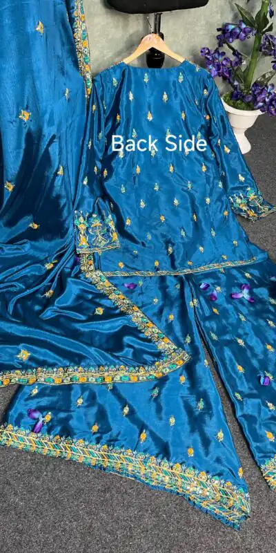 BD 1733 Blue Chinon Silk Salwar Suit with Sequins & Embroidery Work. Grab it for ₹2099. Delivery 4-6 Working Days. Shop now. | Designer Suits, Jump Suits, Casual Suits, Creative suits, Palazzo Suits, Party Wear Suits, Patiala Suits, Salwar suit, Straight Suits