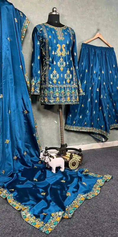 BD 1733 Blue Chinon Silk Salwar Suit with Sequins & Embroidery Work. Grab it for ₹2099. Delivery 4-6 Working Days. Shop now. | Designer Suits, Jump Suits, Casual Suits, Creative suits, Palazzo Suits, Party Wear Suits, Patiala Suits, Salwar suit, Straight Suits