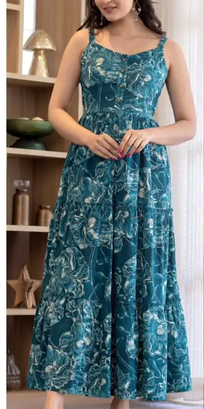 INLI Coral Blue Color Cotton With Printed Designer Work Gown . Wedding, Party, Festive, Events, Grab it for ₹1449. Delivery 4-6 Working Days. Shop now. | Bollywood Gowns, Creative Gowns, Designer Gowns, Embroidered Gowns, Gowns, Party Wear Gowns