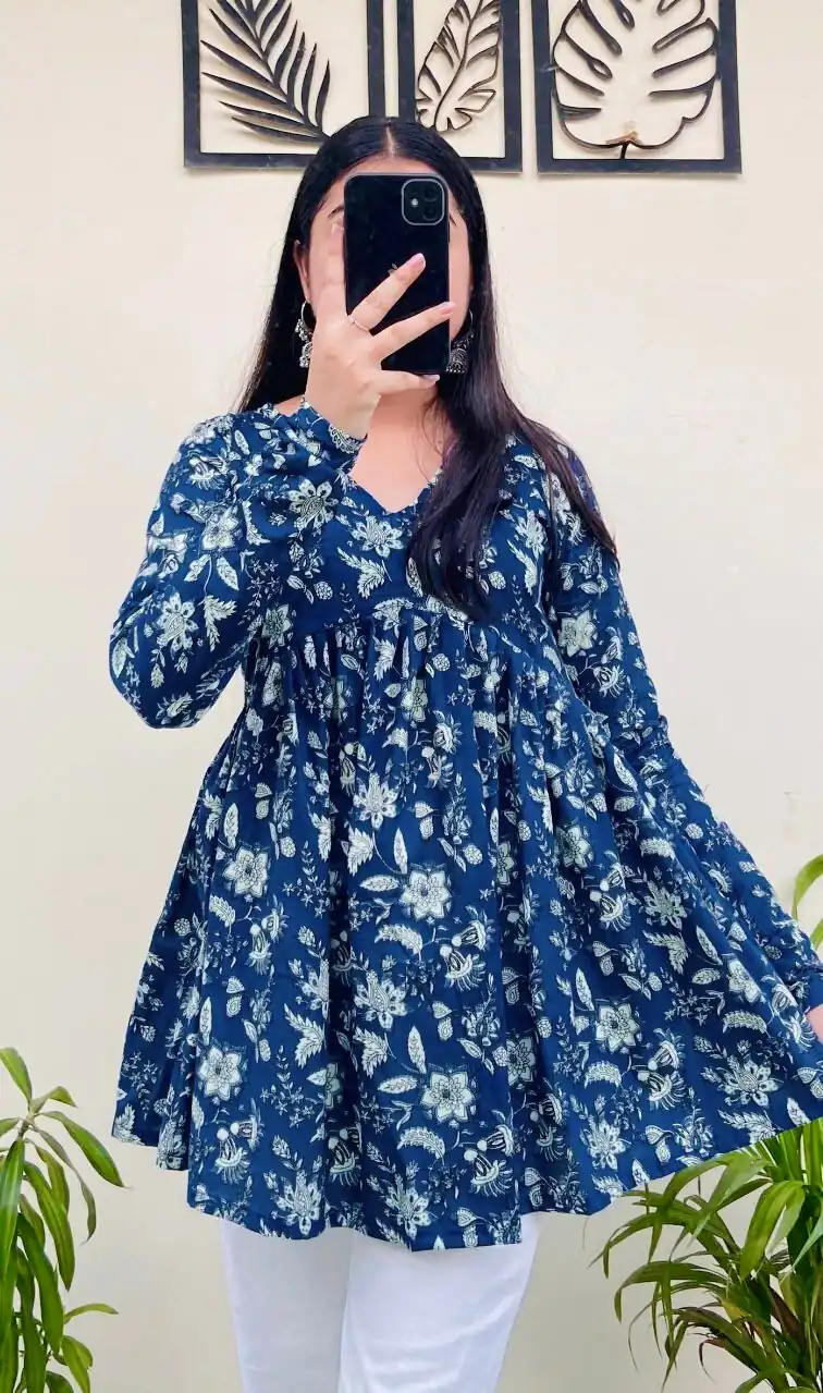 INLI Plume Blue Color Cotton with Designer Printed Work Kurti . Wedding, Party, Festive, Events, Best Price ₹1299. Delivery 4-6 Working Days. Shop now. | Bollywood Kurti, Creative Kurtis, Designer Kurti, Kurti, Party Wear Kurti, Selfie Kurti