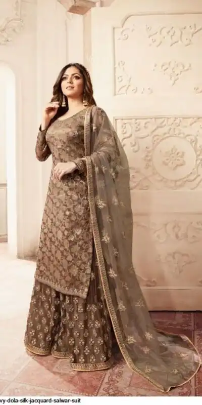 FC L.t 5401 Brown Color Jacquard Silk Georgette Diamond Sharara Suit Wedding, Party, Festive Expected Delivery 4-6 Working Days  @2999/- | Jump Suits, Straight Suits, Casual Suits, Creative suits, Designer Suits, Palazzo Suits, Party Wear Suits, Patiala Suits, Salwar suit