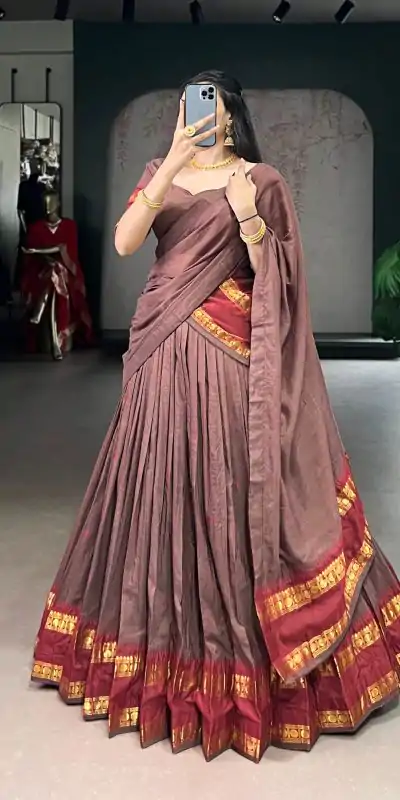 LNB 1904 Brown Color Pure Chanderi with Zari Work Lehenga Choli . Affordable Price ₹1999. Delivery 4-6 Working Days. Shop now. | Bollywood Lehenga, Creative Lehenga, Designer Lehenga, Embroidered Lehenga, Lehenga, Party Wear Lehenga