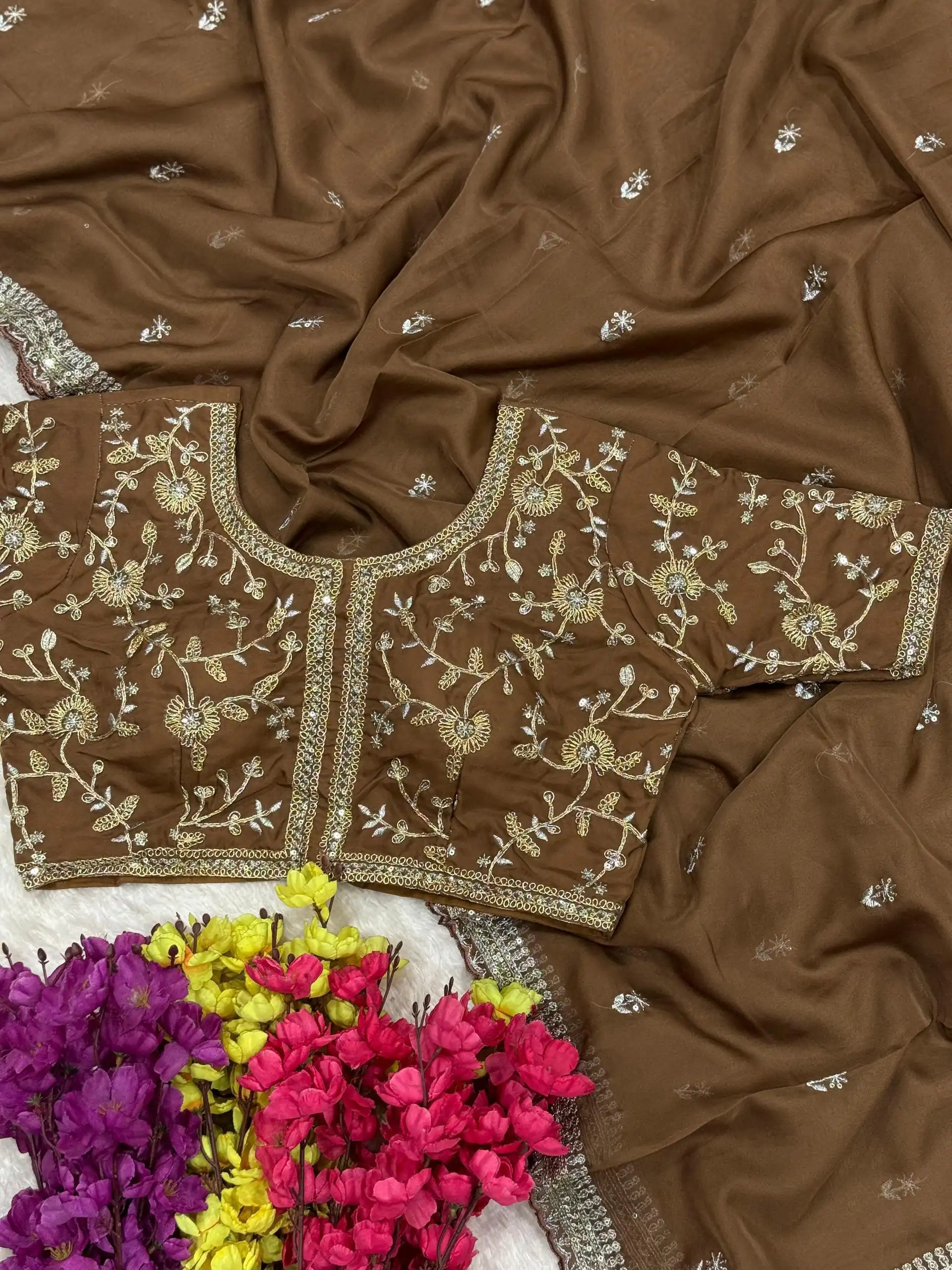 AC MAGIC CIRCLE Brown Soft Organza Saree Perfect for Wedding, Party, Haldi, Festival Celebrations, Diwali – . Grab it for ₹2099. Delivery 4-6 Working Days | Bollywood Sarees, Creative Sarees, Designer Sarees, Embroidered Sarees, Ethnic Saree, Modern Digital sarees, Party Wear Sarees, Sarees