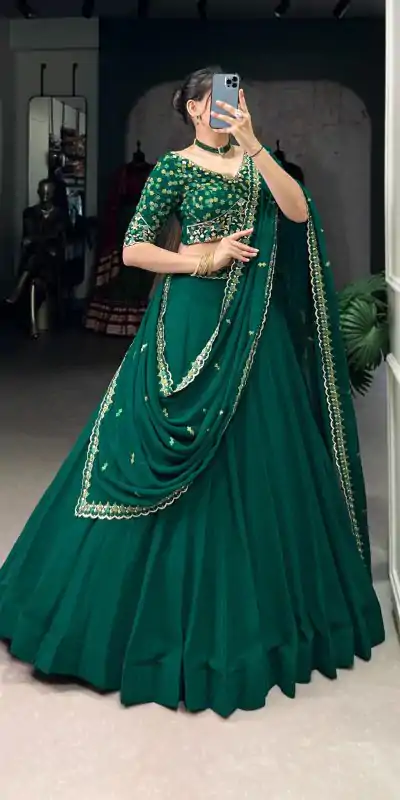 LNB 1447 Dark Green in Georgette Embroidery Work Lehenga Choli . Festive Deal ₹3299. Delivery 4-6 Working Days. Shop now. | Bollywood Lehenga, Creative Lehenga, Designer Lehenga, Embroidered Lehenga, Lehenga, Party Wear Lehenga