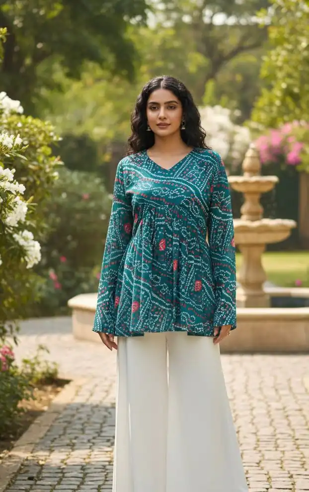 INLI Bandhej Firozi Color Pure Georgette Kurti with Designer Work. Best Price ₹1349. Delivery 4-6 Working Days. Shop now. | Bollywood Kurti, Creative Kurtis, Designer Kurti, Kurti, Party Wear Kurti, Selfie Kurti