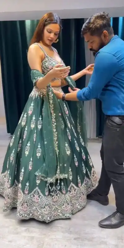 KF 1623 Green Faux Georgette with Cut Work Lehenga Choli . Wedding, Party, Festive, Events, Delivery 4-6 Working Days. Shop now. | Bollywood Lehenga, Creative Lehenga, Designer Lehenga, Embroidered Lehenga, Lehenga, Party Wear Lehenga