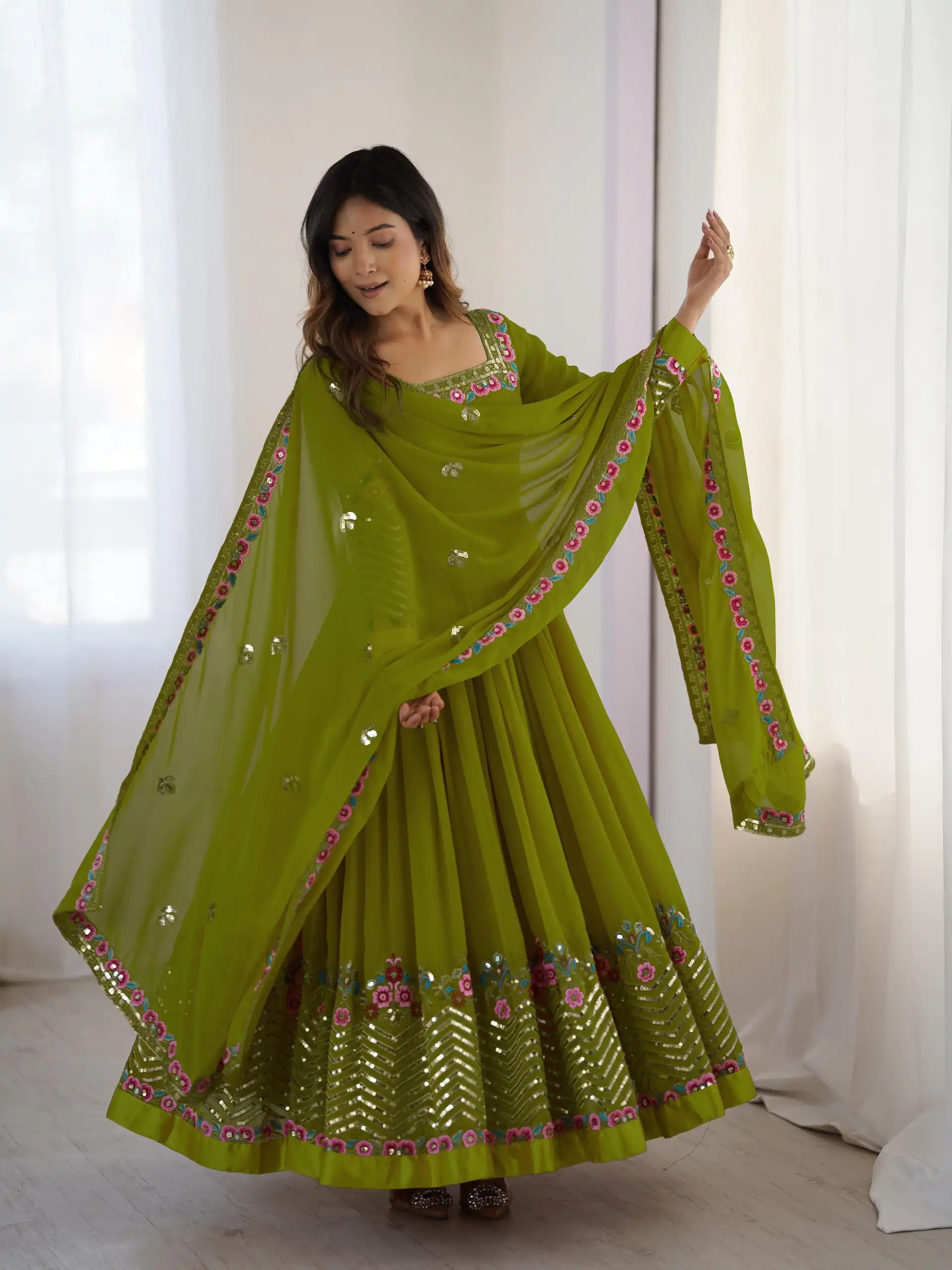 ZF 5010 Green Georgette Gown Perfect for Wedding, Party, Pooja, Ethnic Day, Karwa Chauth – . Best Price ₹2049. Delivery 4-6 Working Days. Shop now. | Designer Suits, Jump Suits, Casual Suits, Creative suits, Palazzo Suits, Party Wear Suits, Patiala Suits, Salwar suit, Straight Suits