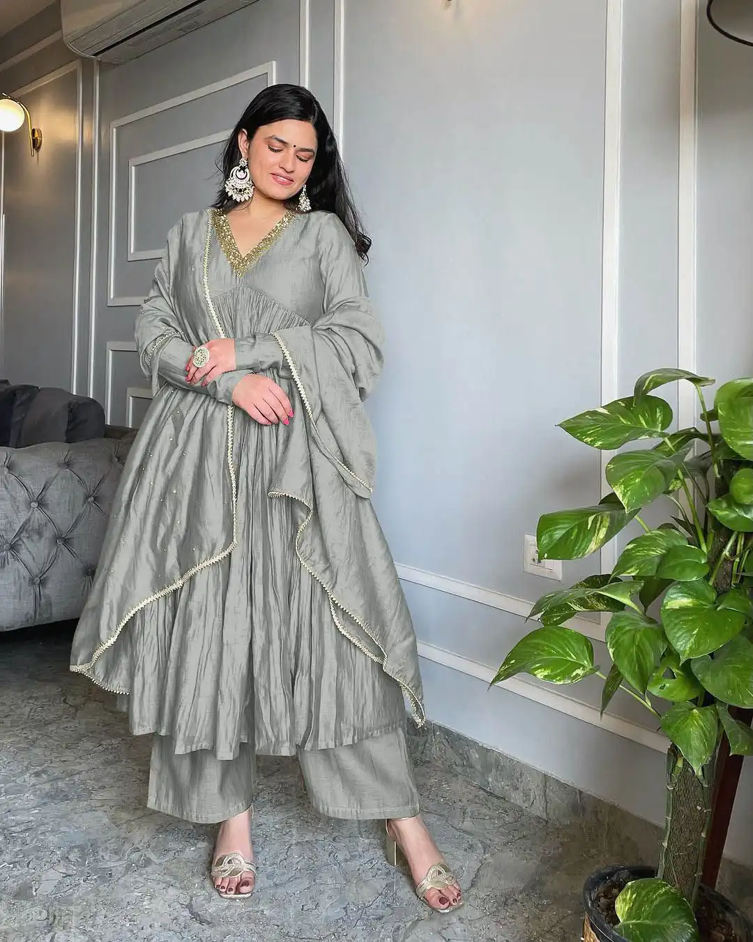 AD 152 Grey Color Pure Chinon Silk Embroidery Gown Fancy Full Sleeve Wedding, Party, Festive, Events Etc. Expected Delivery  4-6 Working Days @1799/ | Designer Suits, Jump Suits, Casual Suits, Creative suits, Palazzo Suits, Party Wear Suits, Patiala Suits, Salwar suit, Straight Suits