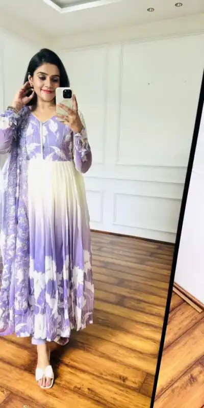 ZF 431 Lavender Faux Georgette Gown with Embroidery Work & Digital Print. Best Price ₹2049. Delivery 4-6 Working Days. Shop now. | Designer Suits, Jump Suits, Casual Suits, Creative suits, Palazzo Suits, Party Wear Suits, Patiala Suits, Salwar suit, Straight Suits