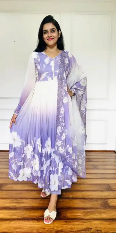 ZF 431 Lavender Faux Georgette Gown with Embroidery Work & Digital Print. Best Price ₹2049. Delivery 4-6 Working Days. Shop now. | Designer Suits, Jump Suits, Casual Suits, Creative suits, Palazzo Suits, Party Wear Suits, Patiala Suits, Salwar suit, Straight Suits