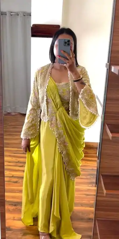 ST 1074 Lemon Color Chinon Saree with Embroidery Work & Lace Work. Best Price ₹2399. Delivery 4-6 Working Days. Shop now. | Bollywood Sarees, Creative Sarees, Designer Sarees, Embroidered Sarees, Ethnic Saree, Modern Digital sarees, Party Wear Sarees, Sarees