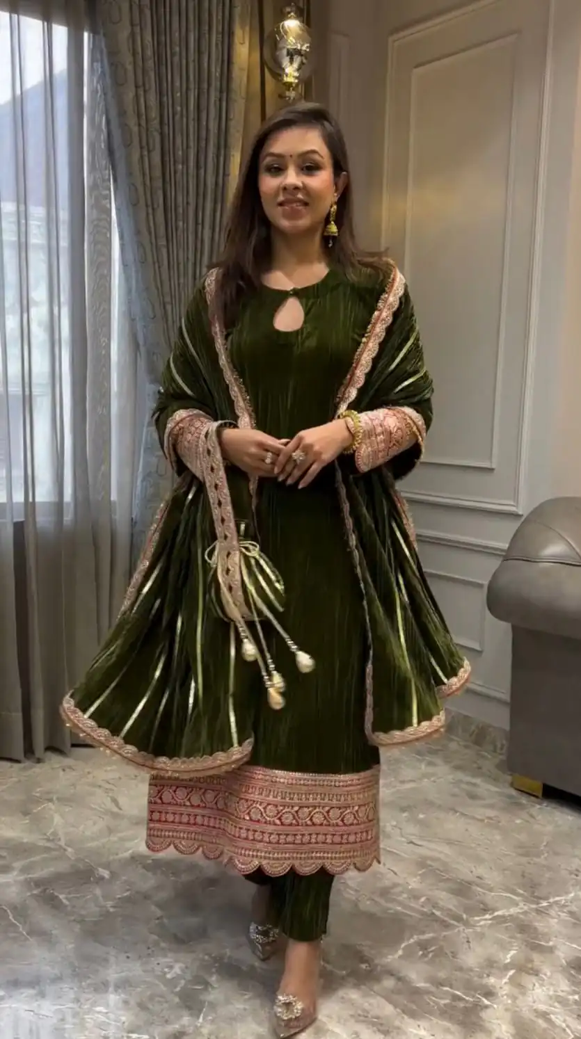 VLM 241 Mahendi in Crash Viscose Velvet Embroidery Work Salwar Suit . Affordable Price ₹2399. Delivery 4-6 Working Days. Shop now. | Designer Suits, Jump Suits, Casual Suits, Creative suits, Palazzo Suits, Party Wear Suits, Patiala Suits, Salwar suit, Straight Suits