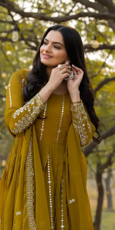 Ram 080 Mahendi Fox Georgette Gown with Embroidery Work. Wedding, Party, Festive, Events, Best Price ₹2049. Delivery 4-6 Working Days. Shop now. | Designer Suits, Jump Suits, Casual Suits, Creative suits, Palazzo Suits, Party Wear Suits, Patiala Suits, Salwar suit, Straight Suits