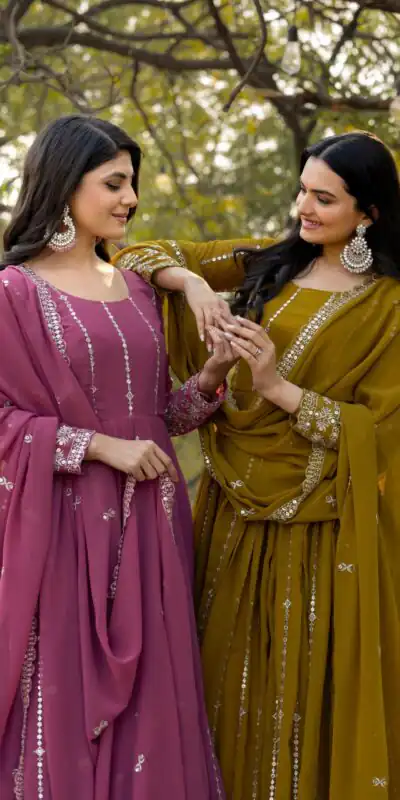 Ram 080 Mahendi Fox Georgette Gown with Embroidery Work. Wedding, Party, Festive, Events, Best Price ₹2049. Delivery 4-6 Working Days. Shop now. | Designer Suits, Jump Suits, Casual Suits, Creative suits, Palazzo Suits, Party Wear Suits, Patiala Suits, Salwar suit, Straight Suits