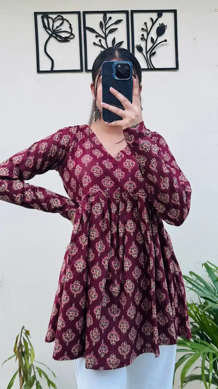 INLI Plume Maroon Color Cotton with Designer Printed Work Kurti . Wedding, Party, Festive, Events, Best Price ₹1299. Delivery 4-6 Working Days. Shop now. | Bollywood Kurti, Creative Kurtis, Designer Kurti, Kurti, Party Wear Kurti, Selfie Kurti