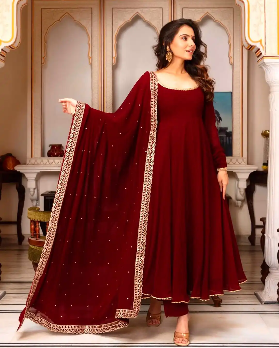SRK 5222 Maroon in Faux Georgette Lace Work & Embroidery Work Salwar Suit . Grab it for ₹1849. Delivery 4-6 Working Days. Shop now. | Designer Suits, Jump Suits, Casual Suits, Creative suits, Palazzo Suits, Party Wear Suits, Patiala Suits, Salwar suit, Straight Suits