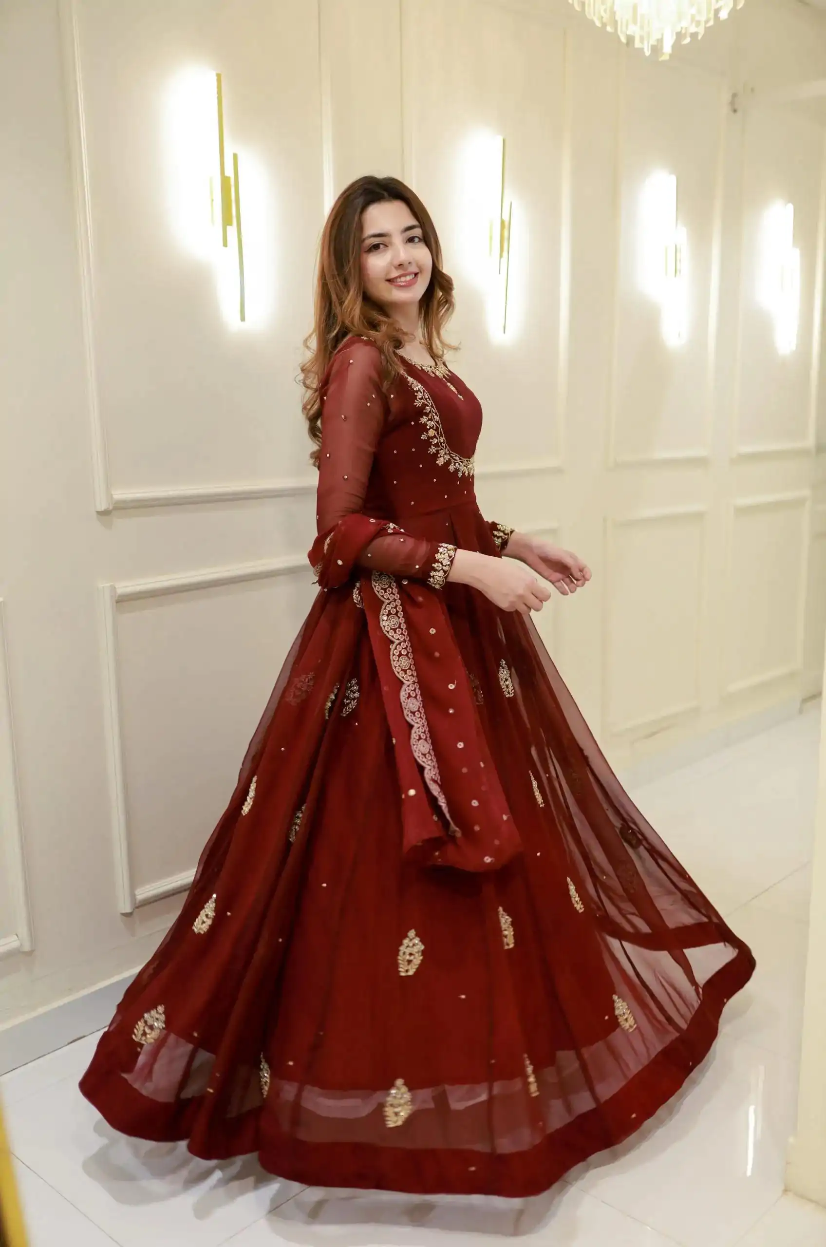 LG 2006 Maroon Georgette Gown Perfect for Wedding, Party, Engagement, Diwali, Sangeet . Exclusive Offer ₹1999. Delivery 4-6 Working Days. Shop now. | Bollywood Gowns, Creative Gowns, Designer Gowns, Embroidered Gowns, Gowns, Party Wear Gowns