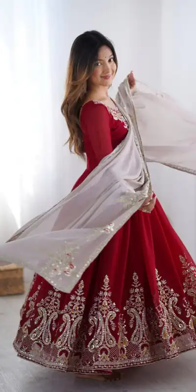 ZF 5008 Maroon Georgette Gown with Embroidery Work. Wedding, Party, Festive, Events, Special Price ₹2049. Delivery 4-6 Working Days. Shop now. | Designer Suits, Jump Suits, Casual Suits, Creative suits, Palazzo Suits, Party Wear Suits, Patiala Suits, Salwar suit, Straight Suits