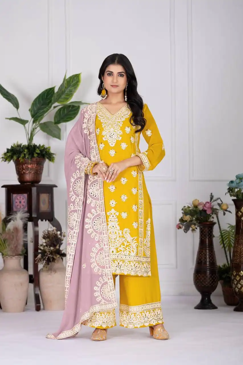 KF 1688 Mustered Faux Georgette with Embroidery Work & Mirror Work Salwar Suit . Exclusive Offer ₹2099. Delivery 4-6 Working Days. Shop now. | Designer Suits, Jump Suits, Casual Suits, Creative suits, Palazzo Suits, Party Wear Suits, Patiala Suits, Salwar suit, Straight Suits