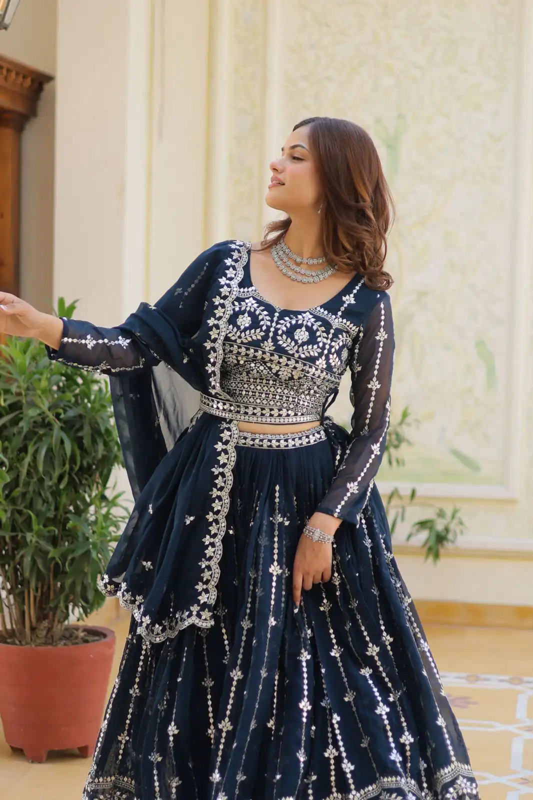 Ram 085 Navy Blue Color Fox Georgette Lehenga Choli with Embroidery Work. Grab it for ₹3049. Delivery 4-6 Working Days. Shop now. | Bollywood Lehenga, Creative Lehenga, Designer Lehenga, Embroidered Lehenga, Lehenga, Party Wear Lehenga