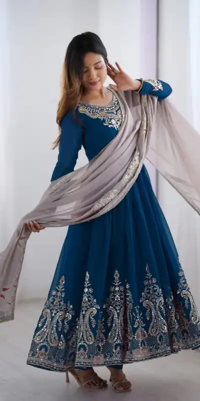 ZF 5008 Navy Blue Georgette Gown with Embroidery Work. Wedding, Party, Festive, Events, Special Price ₹2049. Delivery 4-6 Working Days. Shop now. | Designer Suits, Jump Suits, Casual Suits, Creative suits, Palazzo Suits, Party Wear Suits, Patiala Suits, Salwar suit, Straight Suits