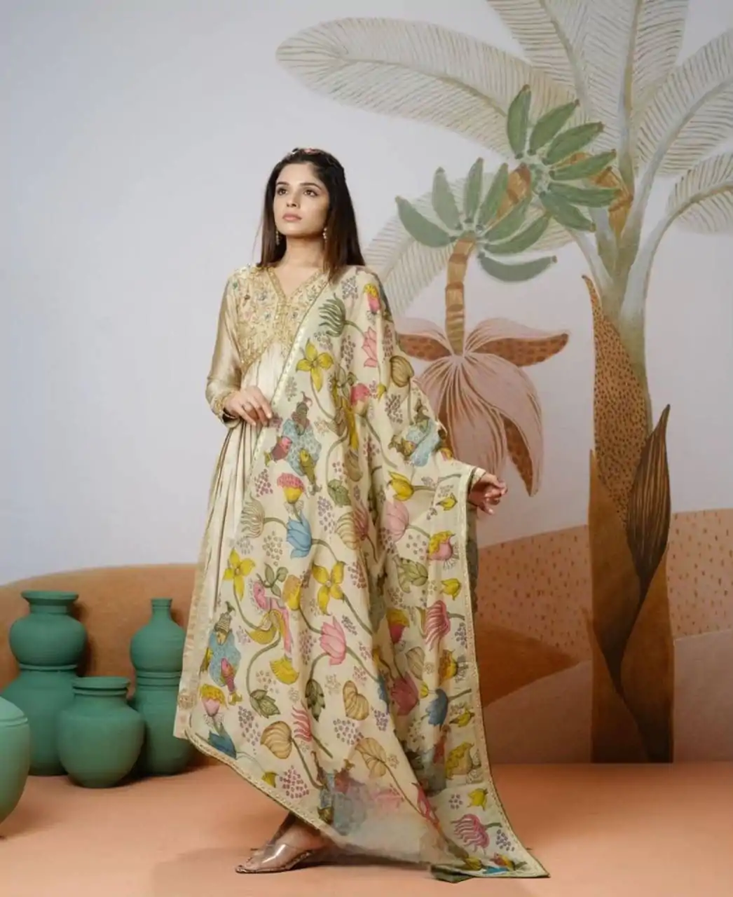 PC 438 Off White Chinon Gown with Kalamkari Print & Embroidery Work. Grab it for ₹1849. Delivery 4-6 Working Days. Shop now. | Bollywood Lehenga, Creative Lehenga, Designer Lehenga, Embroidered Lehenga, Lehenga, Party Wear Lehenga
