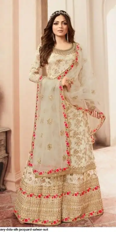 FC L.t 5401 Off White Color Jacquard Silk Georgette Diamond Sharara Suit Wedding, Party, Festive Expected Delivery 4-6 Working Days  @2999/- | Jump Suits, Straight Suits, Casual Suits, Creative suits, Designer Suits, Palazzo Suits, Party Wear Suits, Patiala Suits, Salwar suit