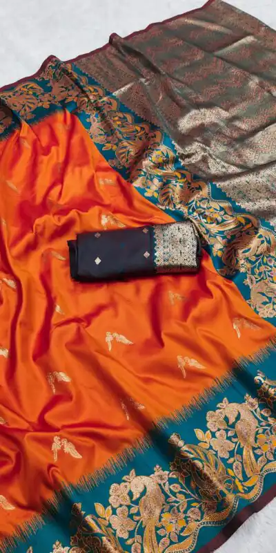 MB 3308 Orange Banarasi Silk Saree Perfect for Wedding, Party, Holi, Reception, Raksha Bandhan – . Special Price ₹1999. Delivery 4-6 Working Days. Shop n | Bollywood Sarees, Creative Sarees, Designer Sarees, Embroidered Sarees, Ethnic Saree, Modern Digital sarees, Party Wear Sarees, Sarees