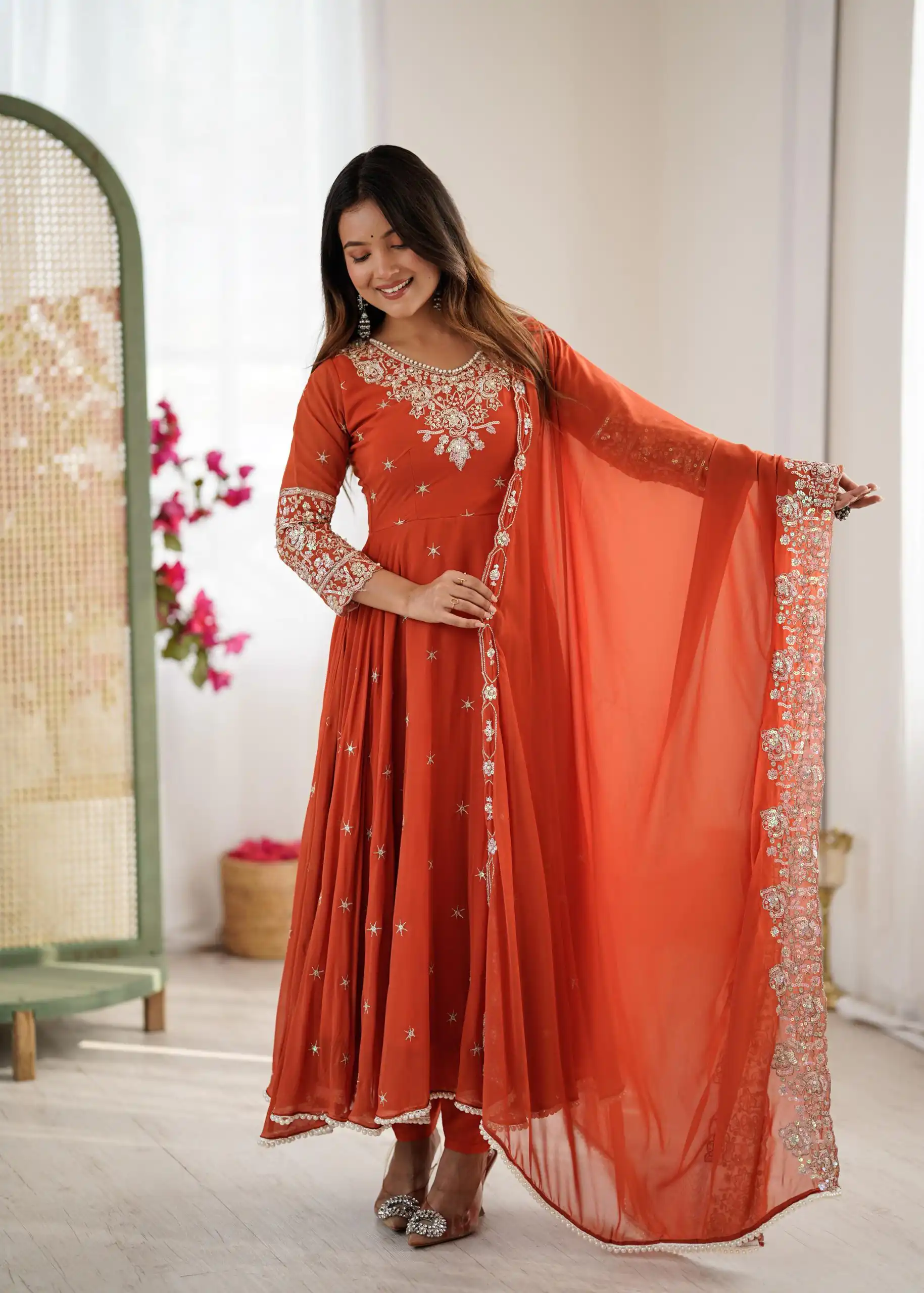 ZF 5012 Orange Blooming Faux Gown with Embroidery Work. Wedding, Party, Festive, Events Grab it for ₹2149. Delivery 4-6 Working Days. Shop now. | Bollywood Lehenga, Creative Lehenga, Designer Lehenga, Embroidered Lehenga, Lehenga, Party Wear Lehenga