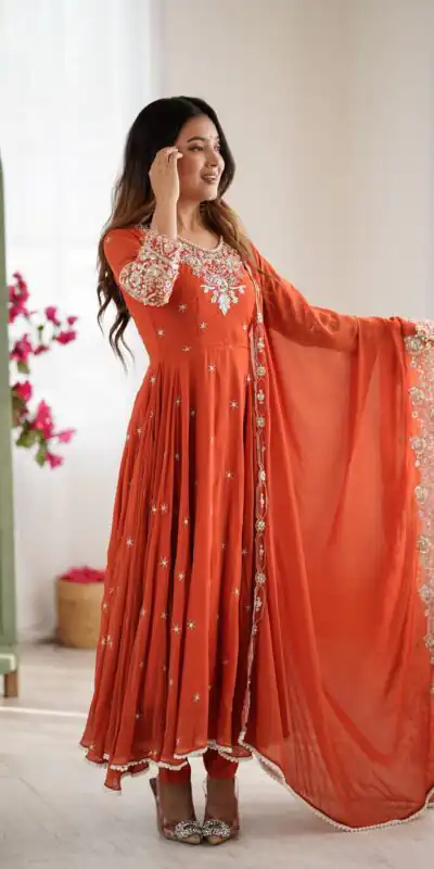 ZF 5012 Orange Blooming Faux Gown with Embroidery Work. Wedding, Party, Festive, Events Grab it for ₹2149. Delivery 4-6 Working Days. Shop now. | Bollywood Lehenga, Creative Lehenga, Designer Lehenga, Embroidered Lehenga, Lehenga, Party Wear Lehenga