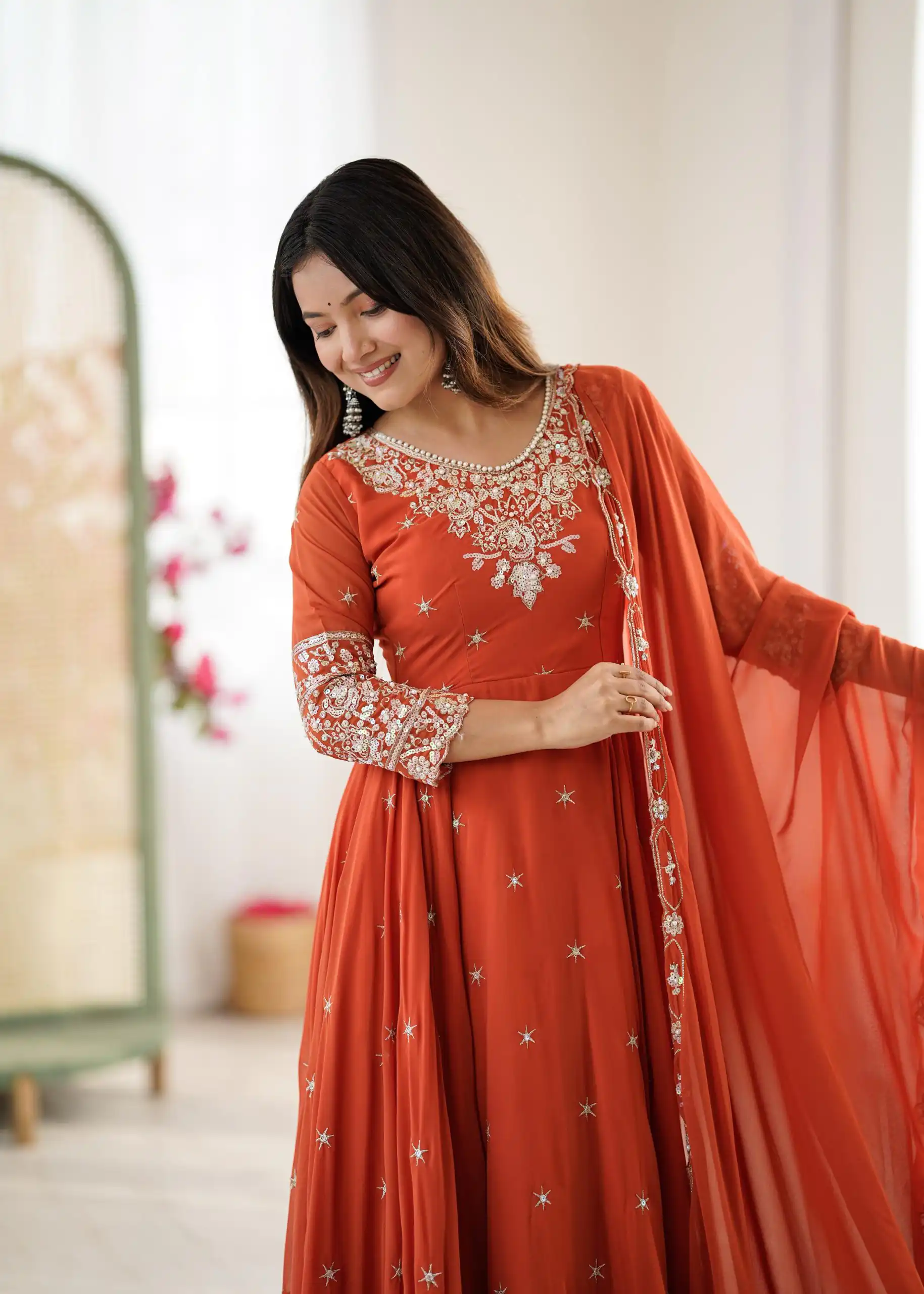 ZF 5012 Orange Blooming Faux Gown with Embroidery Work. Wedding, Party, Festive, Events Grab it for ₹2149. Delivery 4-6 Working Days. Shop now. | Bollywood Lehenga, Creative Lehenga, Designer Lehenga, Embroidered Lehenga, Lehenga, Party Wear Lehenga