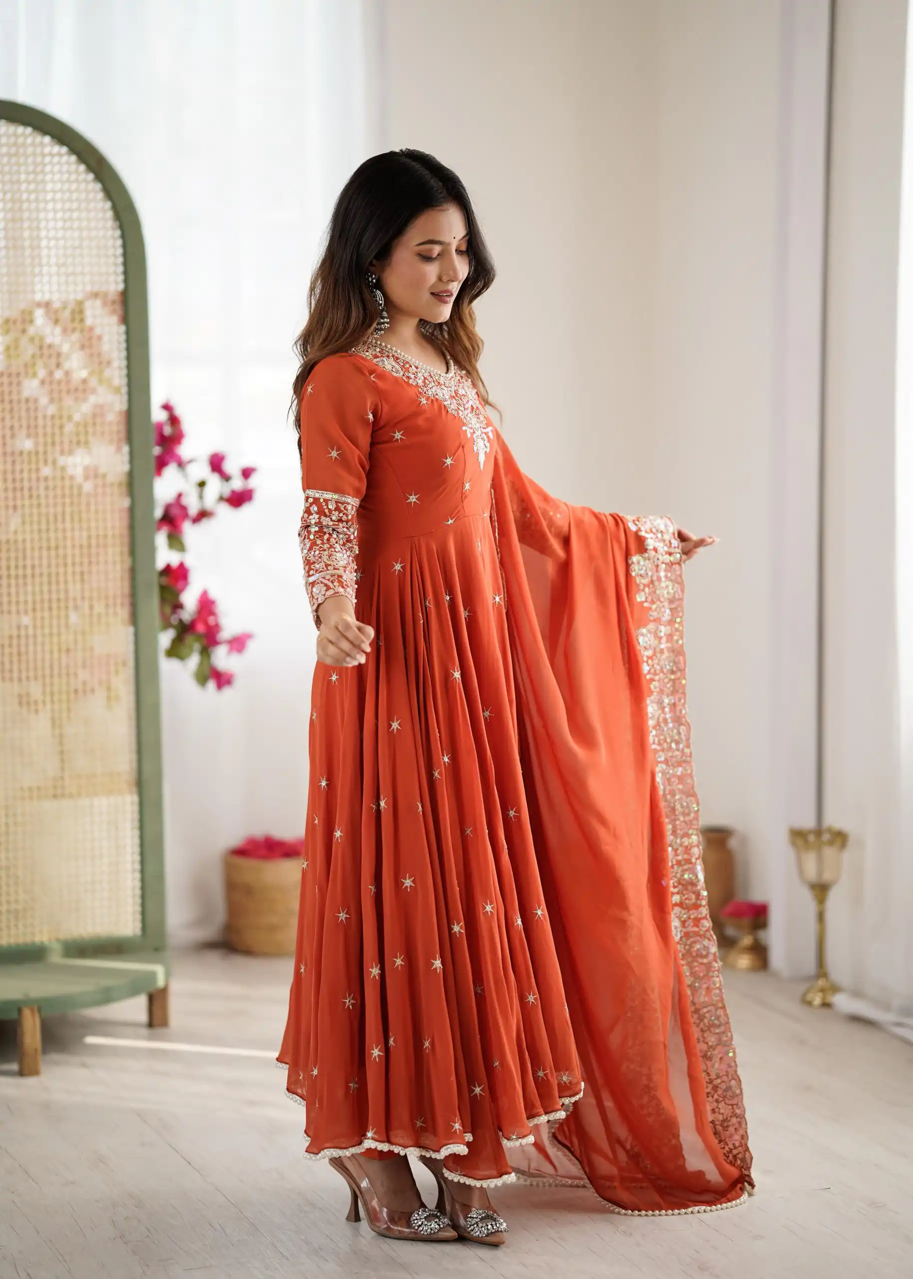 ZF 5012 Orange Blooming Faux Gown with Embroidery Work. Wedding, Party, Festive, Events Grab it for ₹2149. Delivery 4-6 Working Days. Shop now. | Bollywood Lehenga, Creative Lehenga, Designer Lehenga, Embroidered Lehenga, Lehenga, Party Wear Lehenga