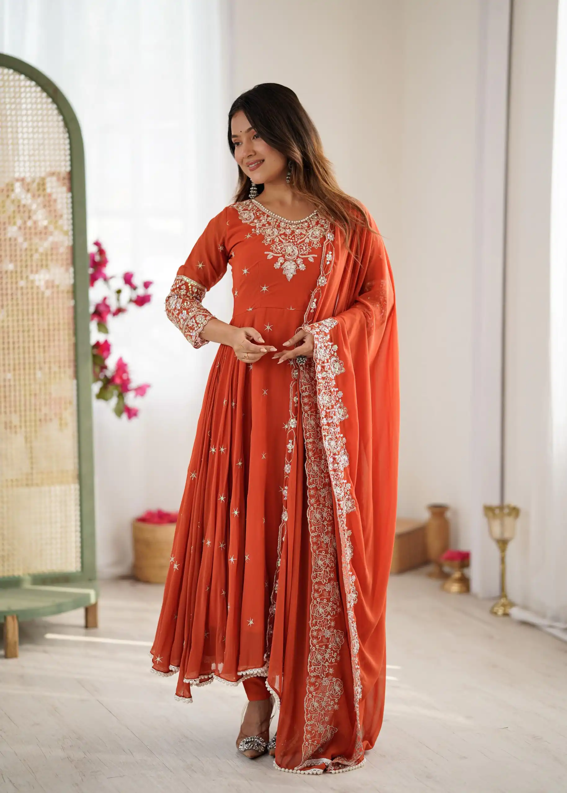 ZF 5012 Orange Blooming Faux Gown with Embroidery Work. Wedding, Party, Festive, Events Grab it for ₹2149. Delivery 4-6 Working Days. Shop now. | Bollywood Lehenga, Creative Lehenga, Designer Lehenga, Embroidered Lehenga, Lehenga, Party Wear Lehenga
