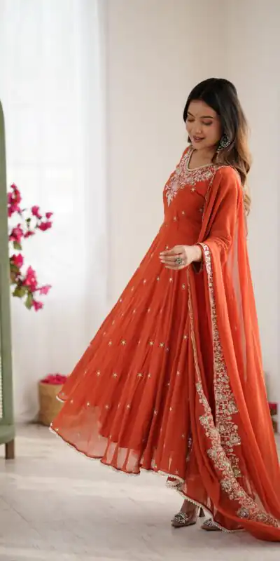 ZF 5012 Orange Blooming Faux Gown with Embroidery Work. Wedding, Party, Festive, Events Grab it for ₹2149. Delivery 4-6 Working Days. Shop now. | Bollywood Lehenga, Creative Lehenga, Designer Lehenga, Embroidered Lehenga, Lehenga, Party Wear Lehenga